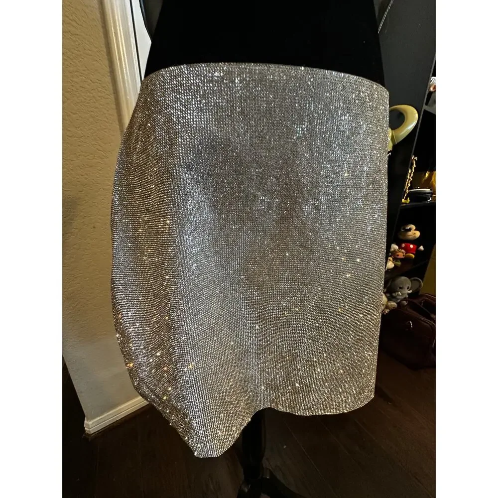 12TH TRIBE Shira Silver Rhinestone Crop Top Mini Skirt Set